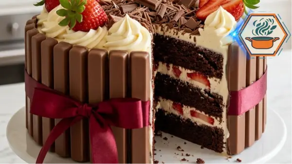 Strawberry Chocolate Gift Cake with fresh strawberries, vanilla cream, chocolate fingers, and red ribbon