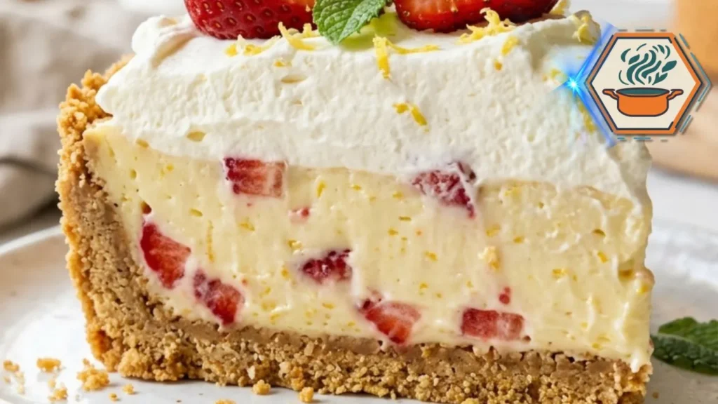 Strawberry Lemon Cream Icebox Pie served on a white plate with whipped cream and fresh strawberries.