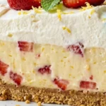 Strawberry Lemon Cream Icebox Pie served on a white plate with whipped cream and fresh strawberries.