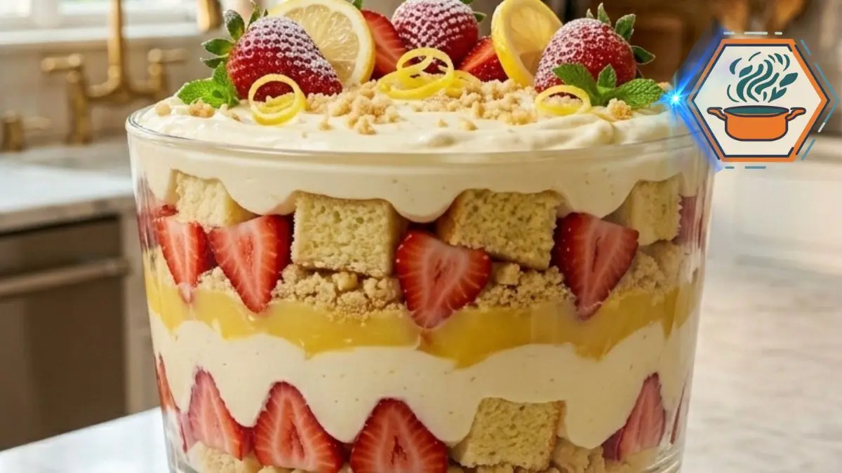 Strawberry Lemon Shortcake Trifle with strawberries, lemon cream, pound cake and shortbread