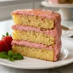 Fresh Strawberry Lemonade Buttermilk Cake with strawberry buttercream and lemonade glaze.