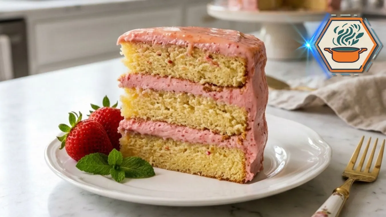Fresh Strawberry Lemonade Buttermilk Cake with strawberry buttercream and lemonade glaze.