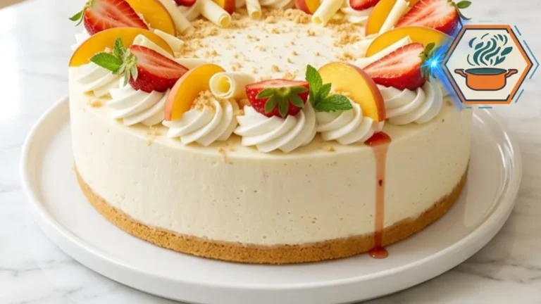 Whole Strawberry Peach Cream Cheesecake Dream on a white serving plate