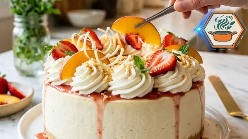 Strawberry Peach Cream Cheesecake Dream with strawberries, peaches and whipped cream