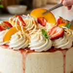 Strawberry Peach Cream Cheesecake Dream with strawberries, peaches and whipped cream