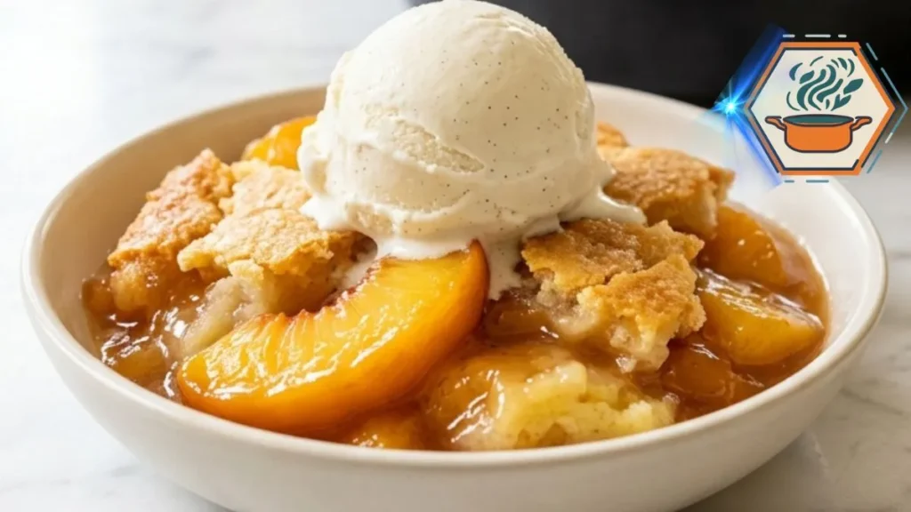 Sugar Crusted Peach Cobbler with golden sugar crust and vanilla ice cream