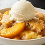 Sugar Crusted Peach Cobbler with golden sugar crust and vanilla ice cream