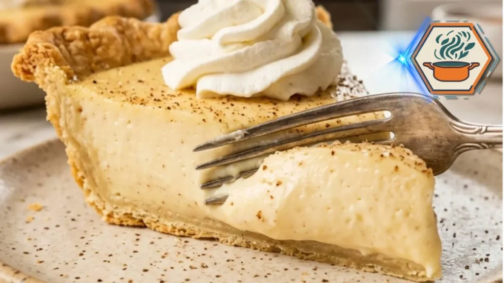 Old Fashioned Custard Pie served on white marble countertop