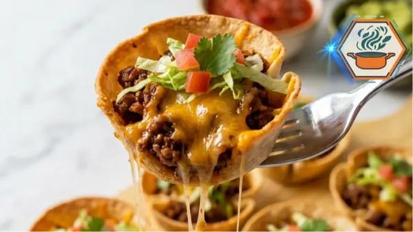 Two-Ingredient Taco Cups with seasoned beef, melted cheddar, lettuce and tomatoes