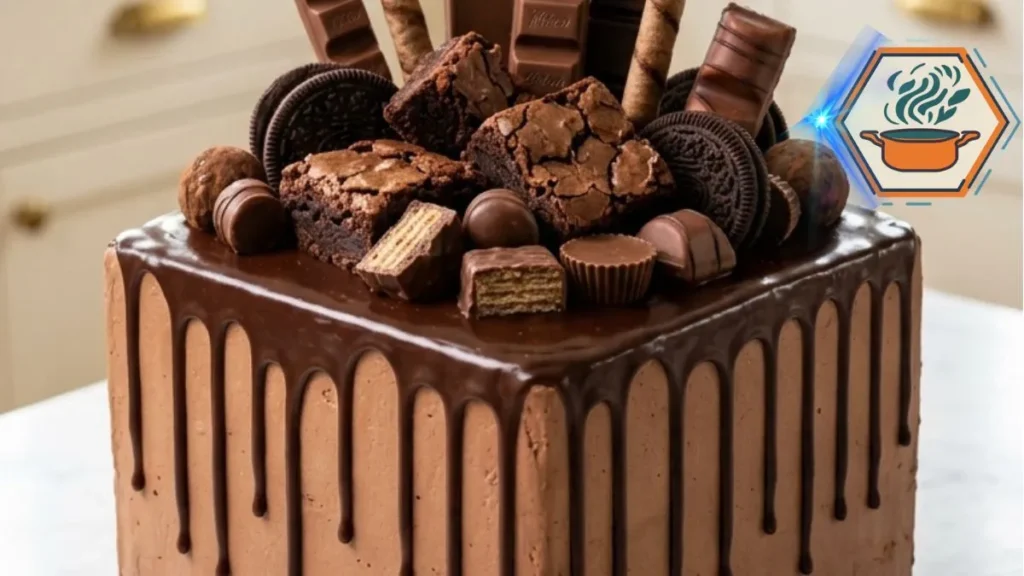 Ultimate Chocolate Brownie Overload Cake with ganache, brownies, cookies, wafers, truffles, and chocolate bars