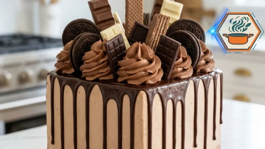 Ultimate Chocolate Cookie Drip Cake with ganache, cookies and chocolate bars