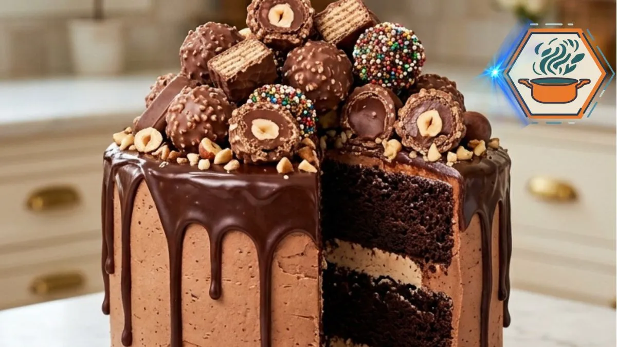 Ultimate Chocolate Hazelnut Candy Cake with ganache and hazelnut candies