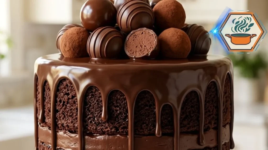 Velvet Truffle Cascade Cake with chocolate ganache drips and homemade truffles