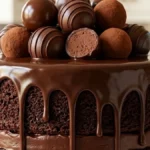 Velvet Truffle Cascade Cake with chocolate ganache drips and homemade truffles