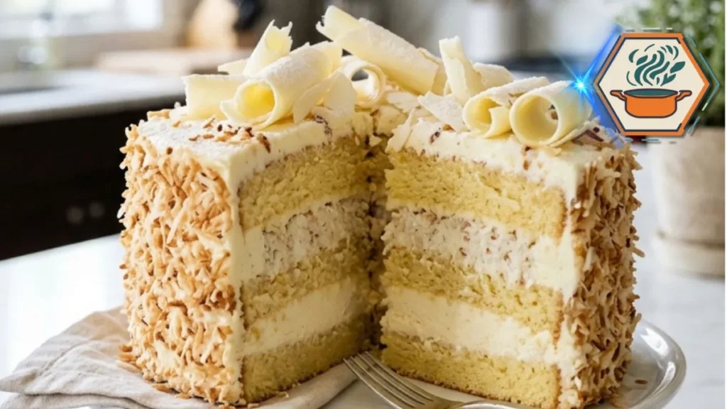 White Chocolate Coconut Mousse Cake decorated with toasted coconut and white chocolate curls.