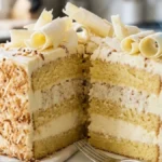 White Chocolate Coconut Mousse Cake decorated with toasted coconut and white chocolate curls.