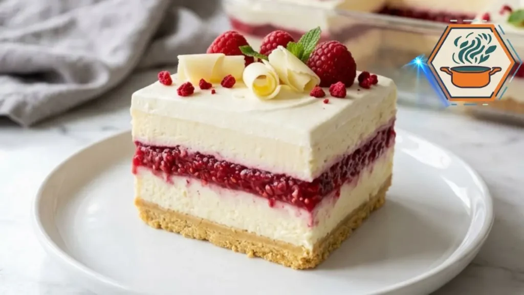 White Chocolate Raspberry Cheesecake Lush served on a white plate with creamy cheesecake layers and fresh raspberries.