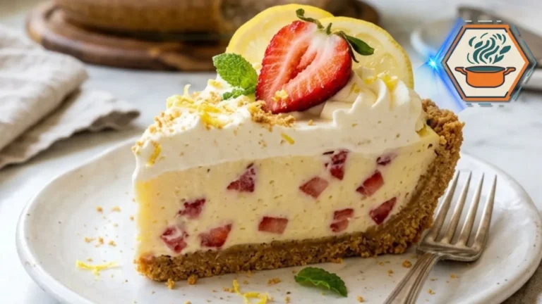 Strawberry Lemon Cream Icebox Pie 3 Whole Strawberry Lemon Cream Icebox Pie decorated with fresh fruit.