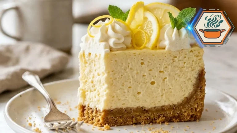 Slice of Woolworth Cheesecake on a white plate.