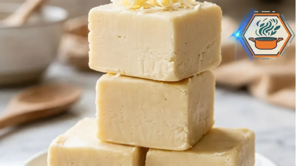 2-Ingredient White Chocolate Fudge stacked on a white marble countertop