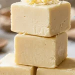2-Ingredient White Chocolate Fudge stacked on a white marble countertop