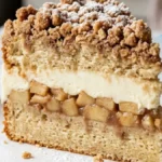 Apple Cinnamon Crumb Cream Cake slice with vanilla cream, cinnamon apples and golden crumb topping