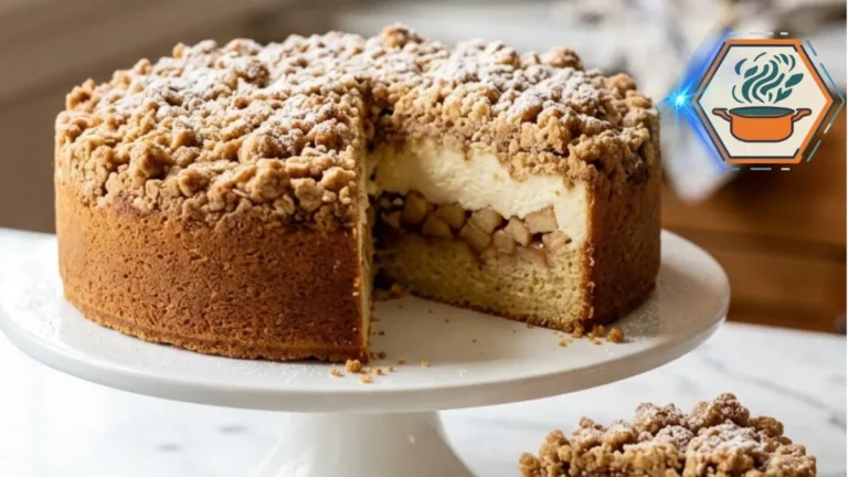 Whole Apple Cinnamon Crumb Cream Cake with a sliced piece showing the apple and vanilla cream layers