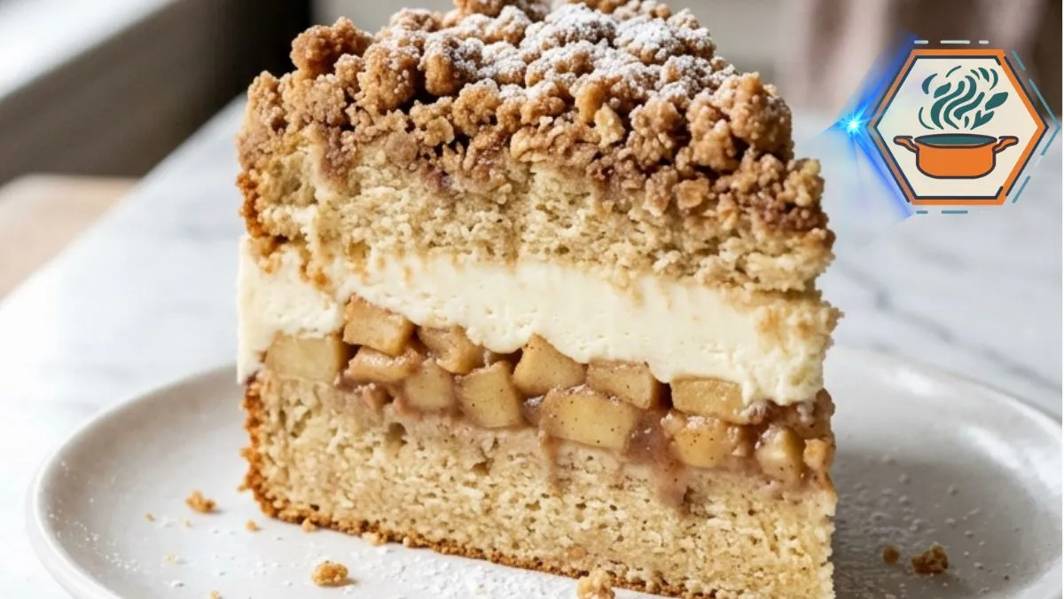 Apple Cinnamon Crumb Cream Cake slice with vanilla cream, cinnamon apples and golden crumb topping