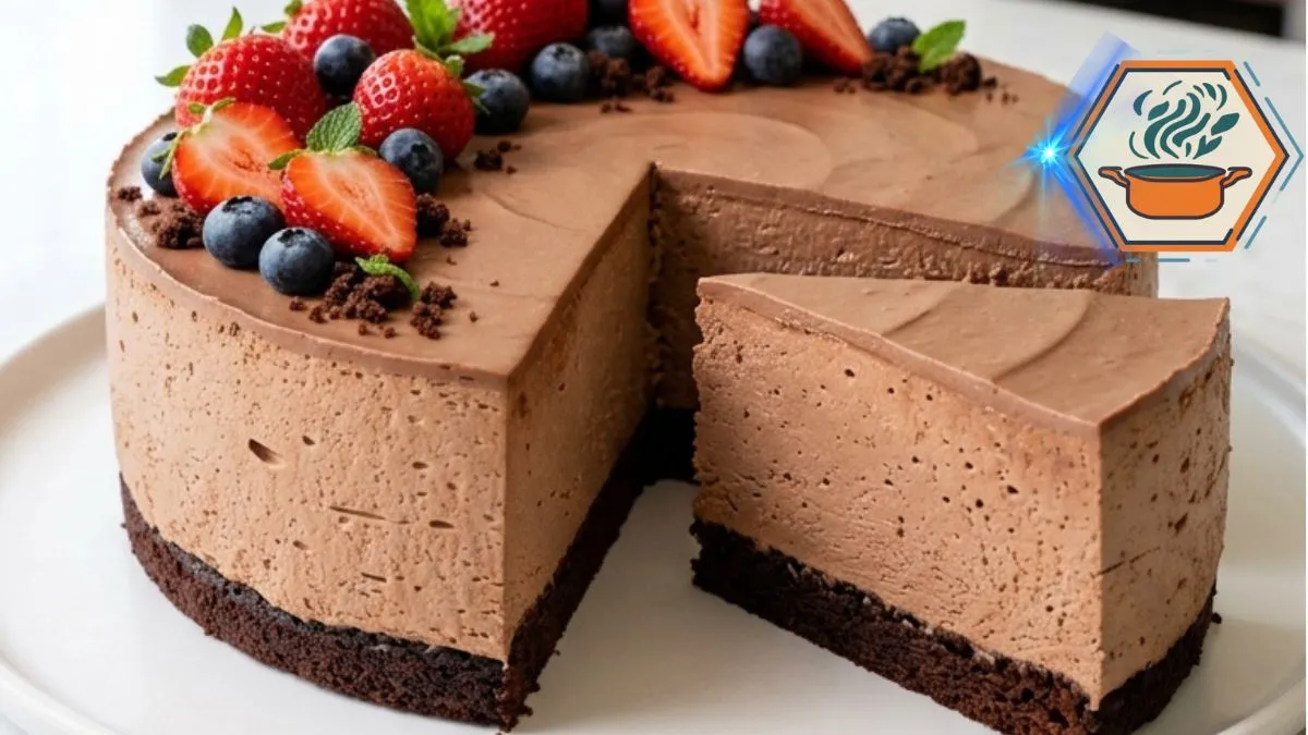 Chocolate Berry Mousse Cheesecake 2 Chocolate Berry Mousse Cheesecake with strawberries and blueberries on a thin chocolate cake base