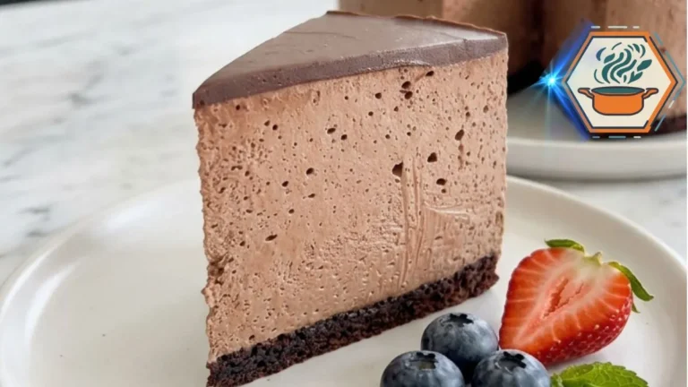 Chocolate Berry Mousse Cheesecake 3 Slice of Chocolate Berry Mousse Cheesecake showing creamy chocolate mousse and dark cake base