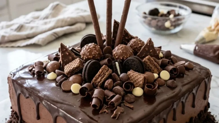 Square chocolate candy cake with glossy ganache and crunchy cookie topping