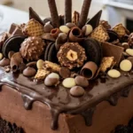 Chocolate Candy Crunch Overload Cake with ganache and cookie crumb border