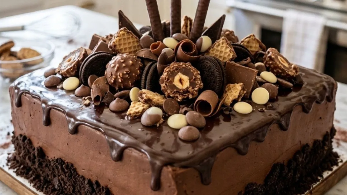Chocolate Candy Crunch Overload Cake with ganache and cookie crumb border