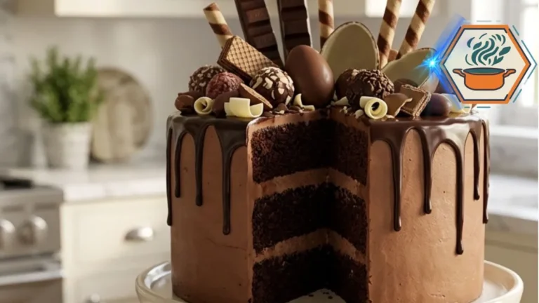 Ultimate Chocolate Candy Drip Cake Recipe 3 Chocolate candy drip cake with ganache, truffles, chocolate bars and wafer decorations.