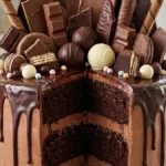 Chocolate Candy Explosion Cake with ganache drips, chocolate shards, truffles, and a three-layer chocolate slice.