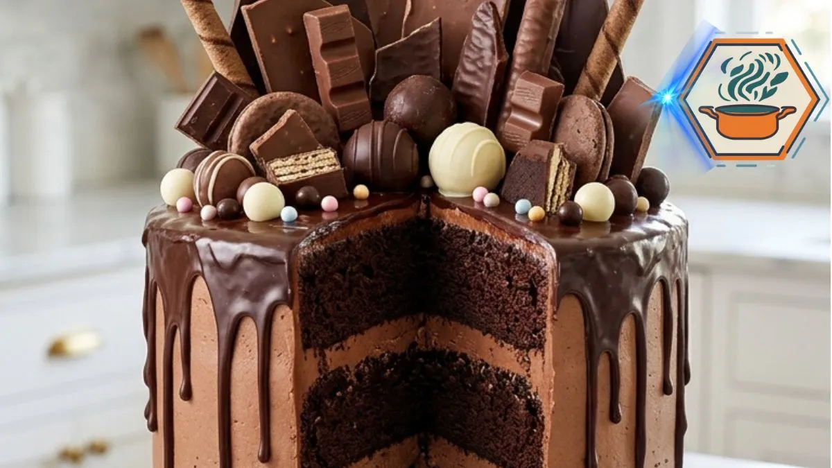 Chocolate Candy Explosion Cake 2 Chocolate Candy Explosion Cake with ganache drips, chocolate shards, truffles, and a three-layer chocolate slice.