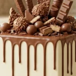 Chocolate Candy Explosion Drip Cake with chocolate ganache and candy topping
