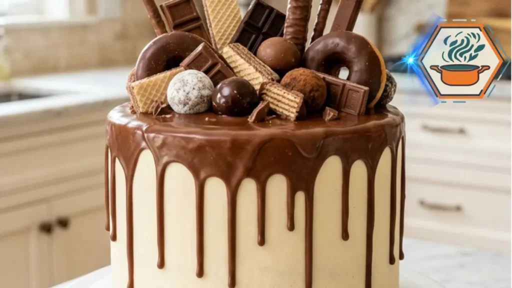 Chocolate Candy Overload Cake with chocolate drip, candy toppings and a cut marble layer.