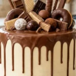 Chocolate Candy Overload Cake with chocolate drip, candy toppings and a cut marble layer.