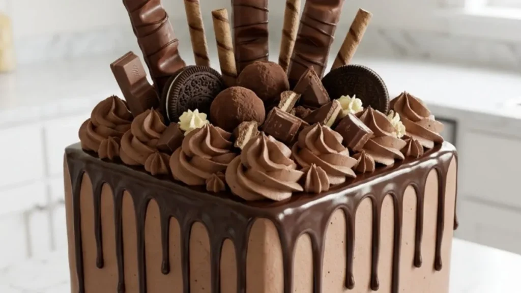 Chocolate Celebration Overload Cake with ganache drips and chocolate toppings on white marble