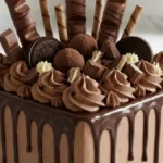 Chocolate Celebration Overload Cake with ganache drips and chocolate toppings on white marble