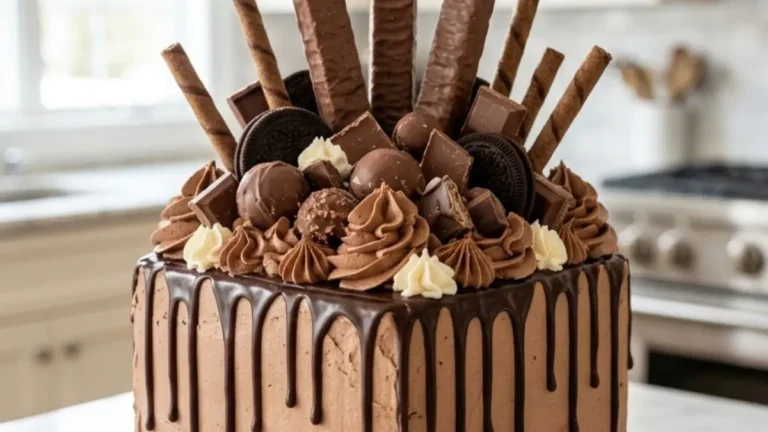 Square chocolate layer cake with buttercream, ganache and assorted chocolate decorations