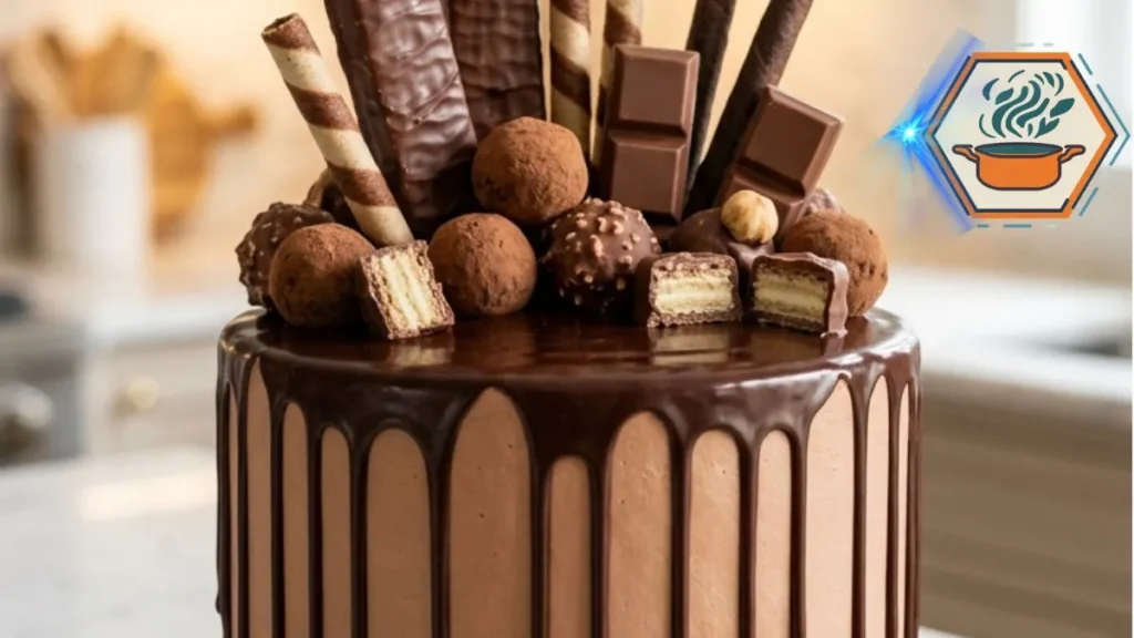 Chocolate Cream Treasure Tower Cake with ganache drips and homemade chocolate toppings