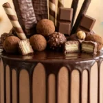 Chocolate Cream Treasure Tower Cake with ganache drips and homemade chocolate toppings