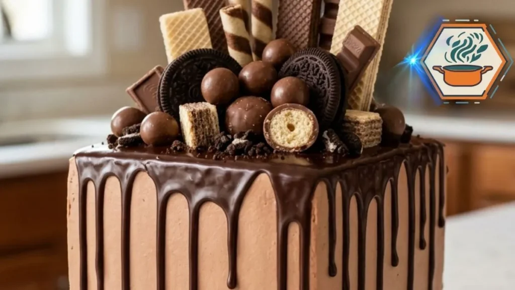 Chocolate Crunch Tower Celebration Cake with ganache, wafers and chocolate cookies