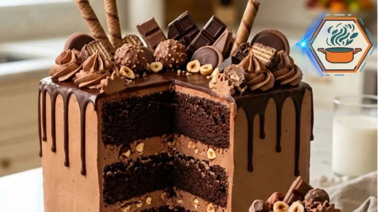 Chocolate Hazelnut Crunch Celebration Cake 3 Whole square Chocolate Hazelnut Crunch Celebration Cake topped with ganache, wafers, truffles and toasted hazelnuts.