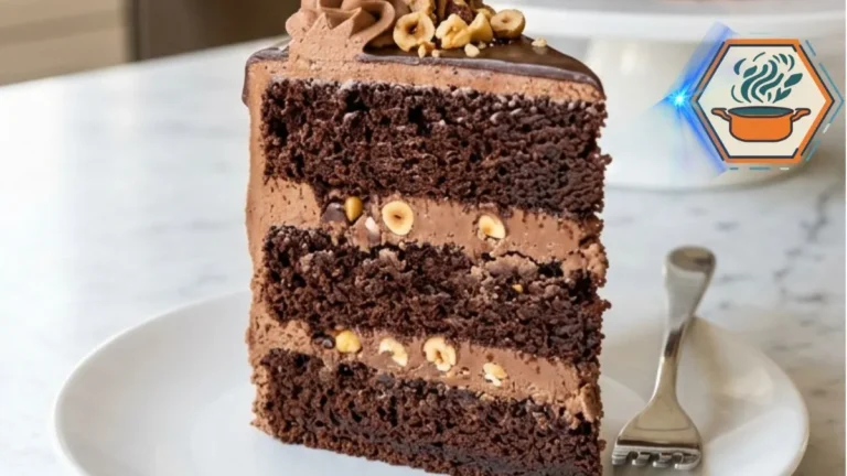 Chocolate Hazelnut Crunch Celebration Cake 3 Whole Chocolate Hazelnut Crunch Celebration Cake on a white cake stand