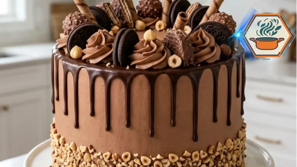 Chocolate Hazelnut Crunch Celebration Cake with ganache drips and toasted hazelnuts
