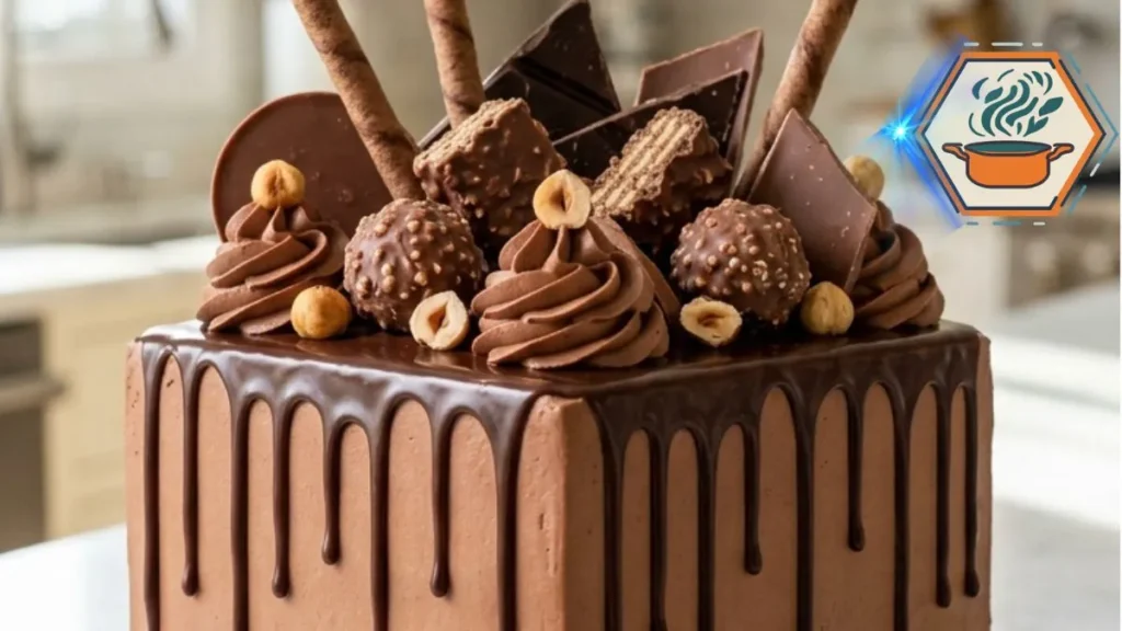 Chocolate Hazelnut Crunch Celebration Cake with ganache, toasted hazelnuts, chocolate wafers and a sliced three-layer center.