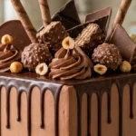 Chocolate Hazelnut Crunch Celebration Cake with ganache, toasted hazelnuts, chocolate wafers and a sliced three-layer center.